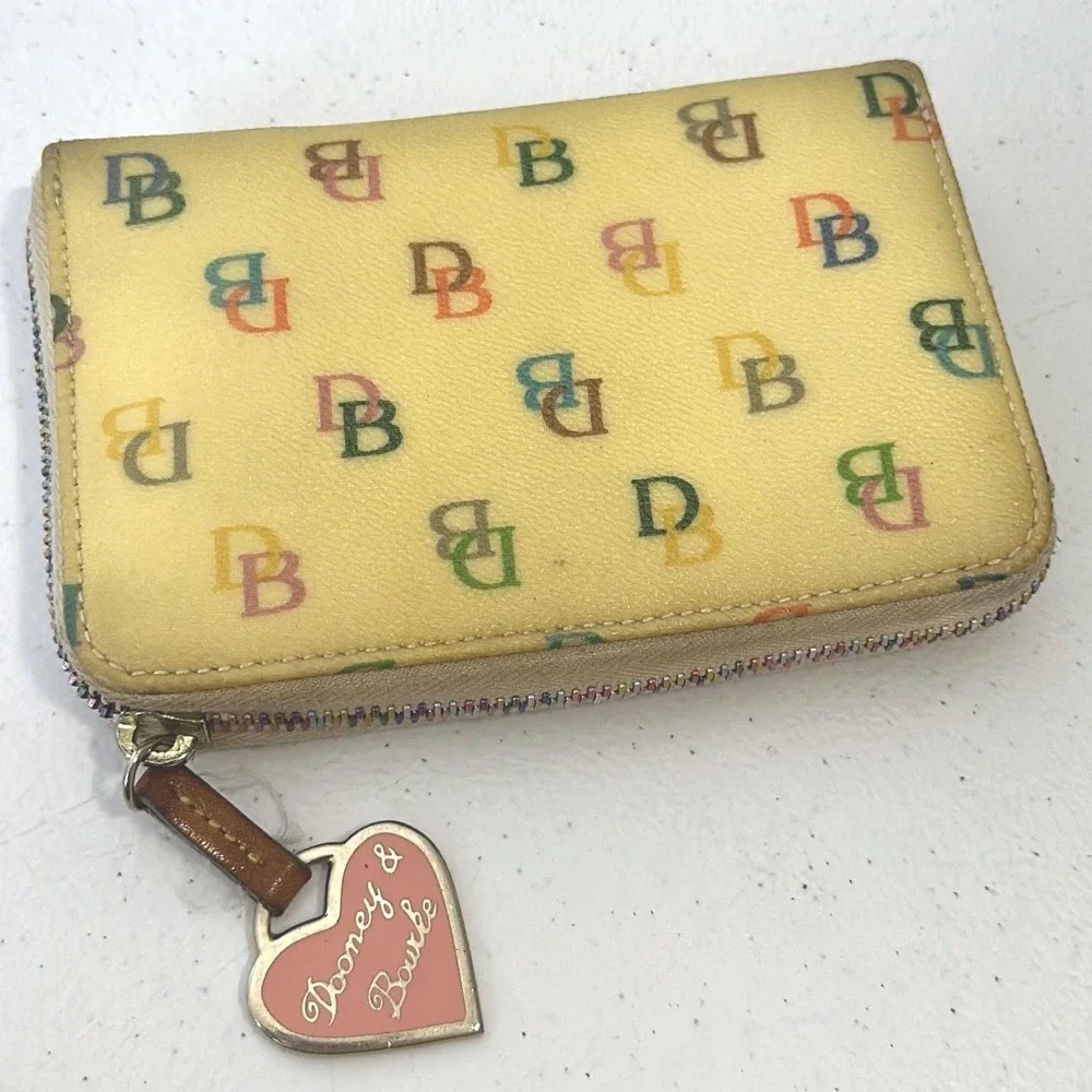 Vintage Dooney & Bourke Rainbow Monogram Zip Around Wallet Cream Heart Charm